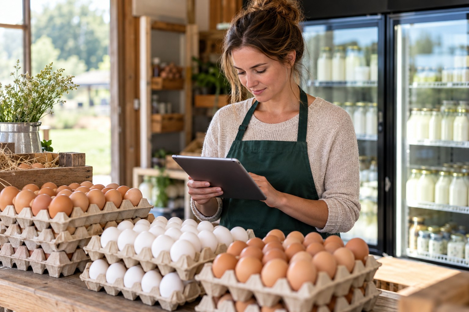 Medewerker met tablet bij eierhandel