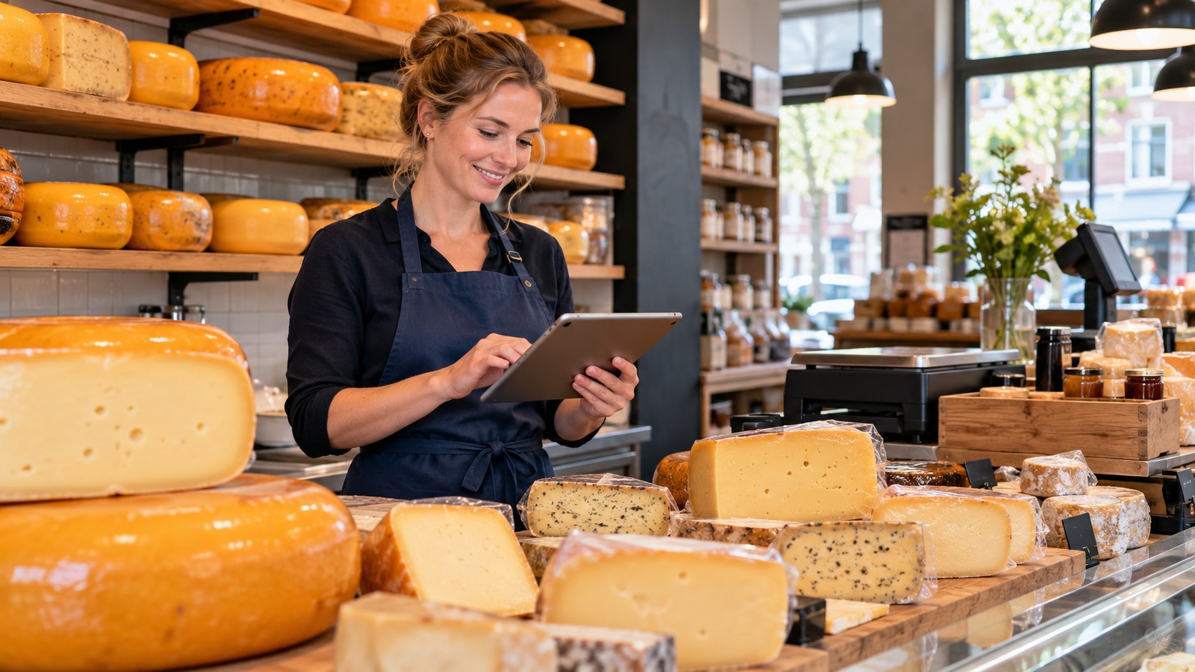 Kaasspecialist registreert digitaal op een tablet achter de kaastoonbank