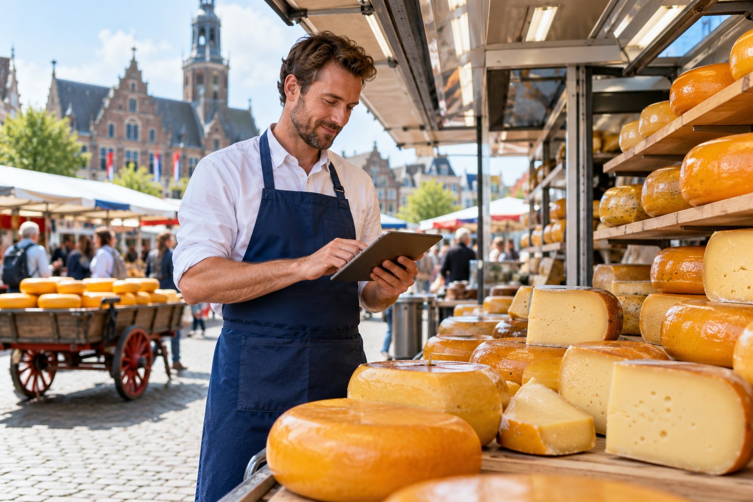 Medewerker met tablet bij markt & verkoopwagen