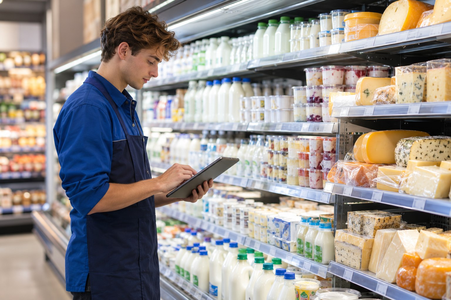 Medewerker met tablet bij supermarkt